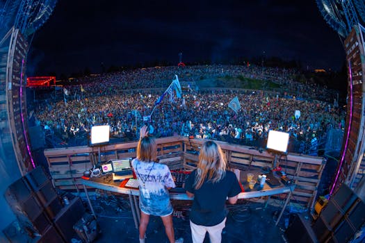DJ performing at a packed outdoor music festival at night with a vibrant crowd.