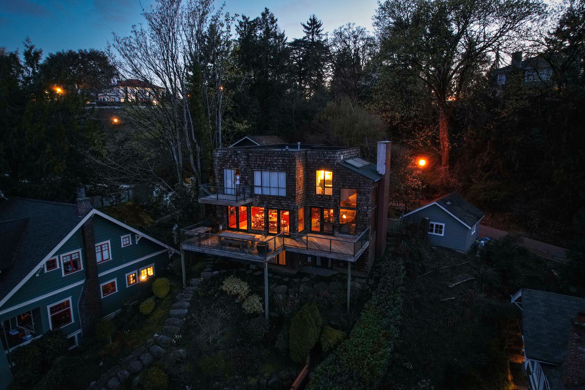 Aerial view of Seattle neighborhoods at twilight