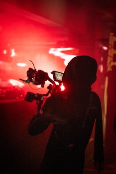 Silhouette of a person filming with a camera in a vibrant red-lit environment.