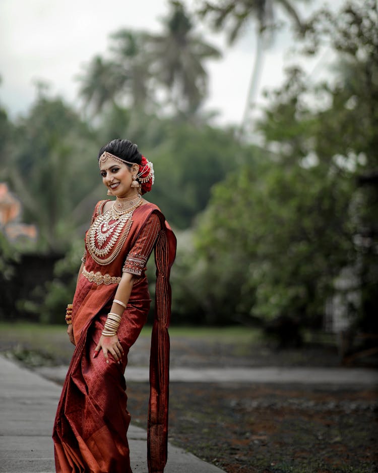 Brunette Wearing Sari And Jewelry