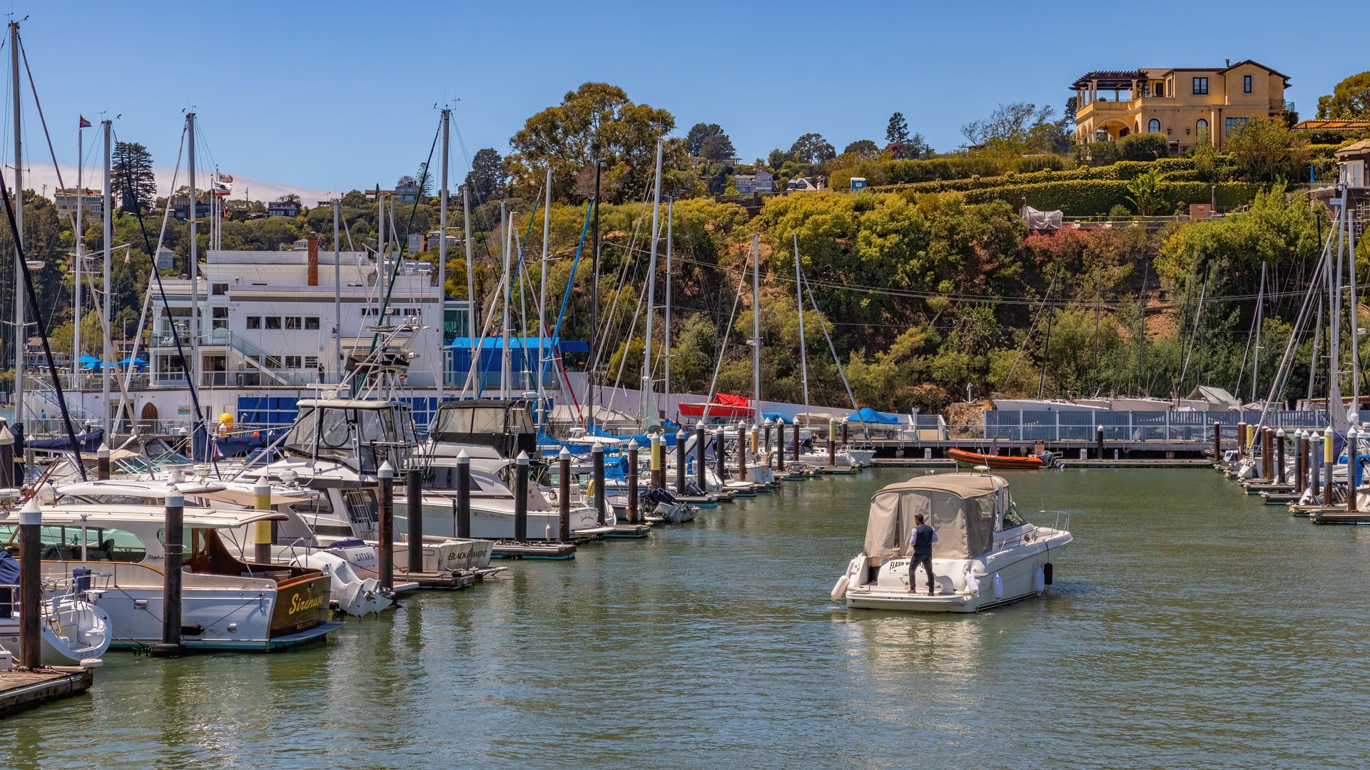Beautiful marina scene with yachts and sailboats in a harbor under a clear blue sky.