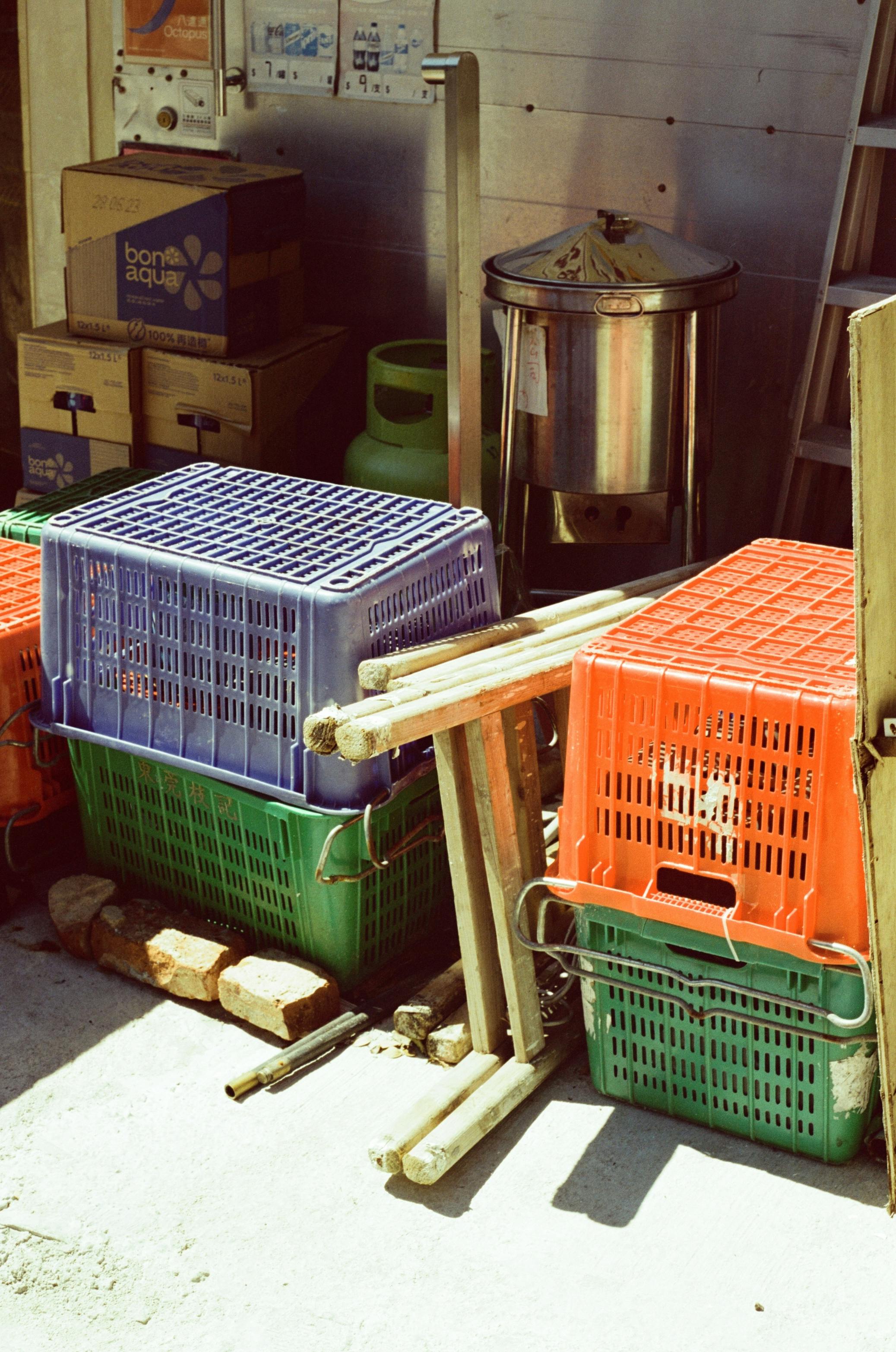 plastic boxes on a street