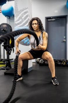 Focused sportswoman performing battle rope exercises in a modern gym setting, showcasing strength and determination.