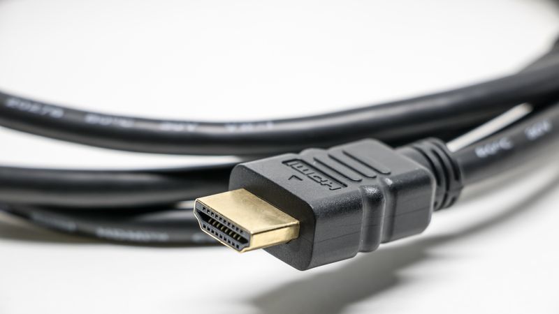 A detailed image of a black HDMI cable with gold connectors on a white background.