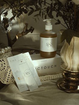 Elegant arrangement of luxury skincare products with rustic decor.