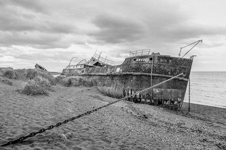 Grayscale Photo Of Shipwreck Of The Amadeo Ship, In The Strait Of Magellan, Chile