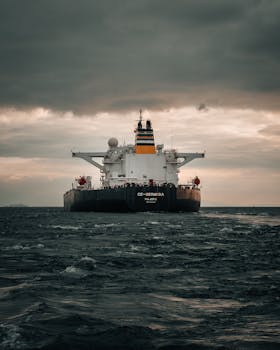 A large cargo ship navigating the open sea beneath a dramatic and cloudy sky, emphasizing industrial and maritime themes.
