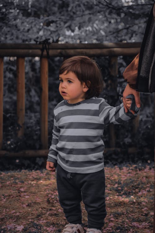 A Boy in Blue and Gray Striped Long Sleeve Shirt Standing Near Brown Wooden Fence