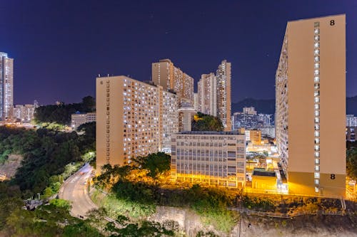 High Rise Buildings during Night Time Beside the Road with Green Trees