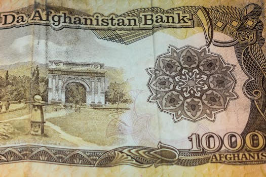Detailed close-up image of a 1000 Afghani currency note featuring intricate patterns.