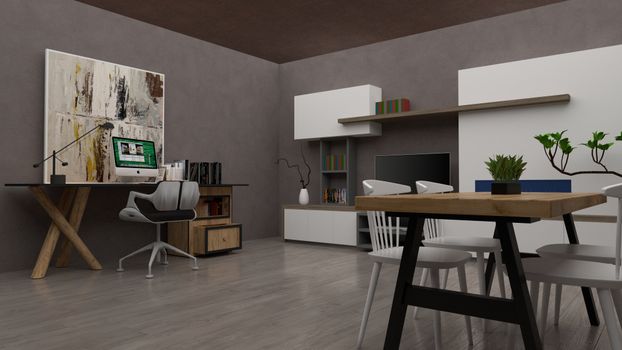 A sleek, modern workspace featuring abstract art, ideal for inspiration.