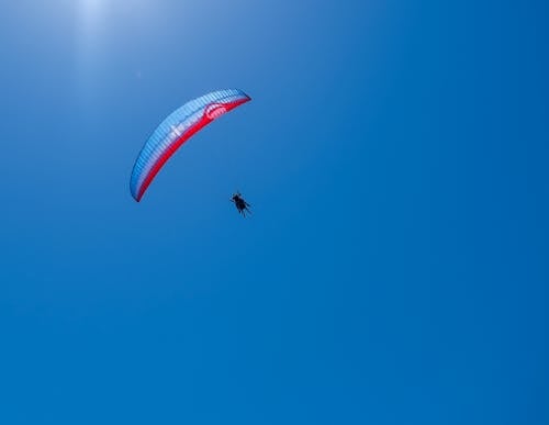 A Person Paragliding under a Blue Sky