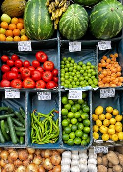 Vibrant array of fresh fruits and vegetables on display at an outdoor market in İstanbul, Turkey.