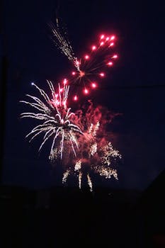 Bright fireworks exhibition lighting up the night sky, creating a dazzling spectacle.