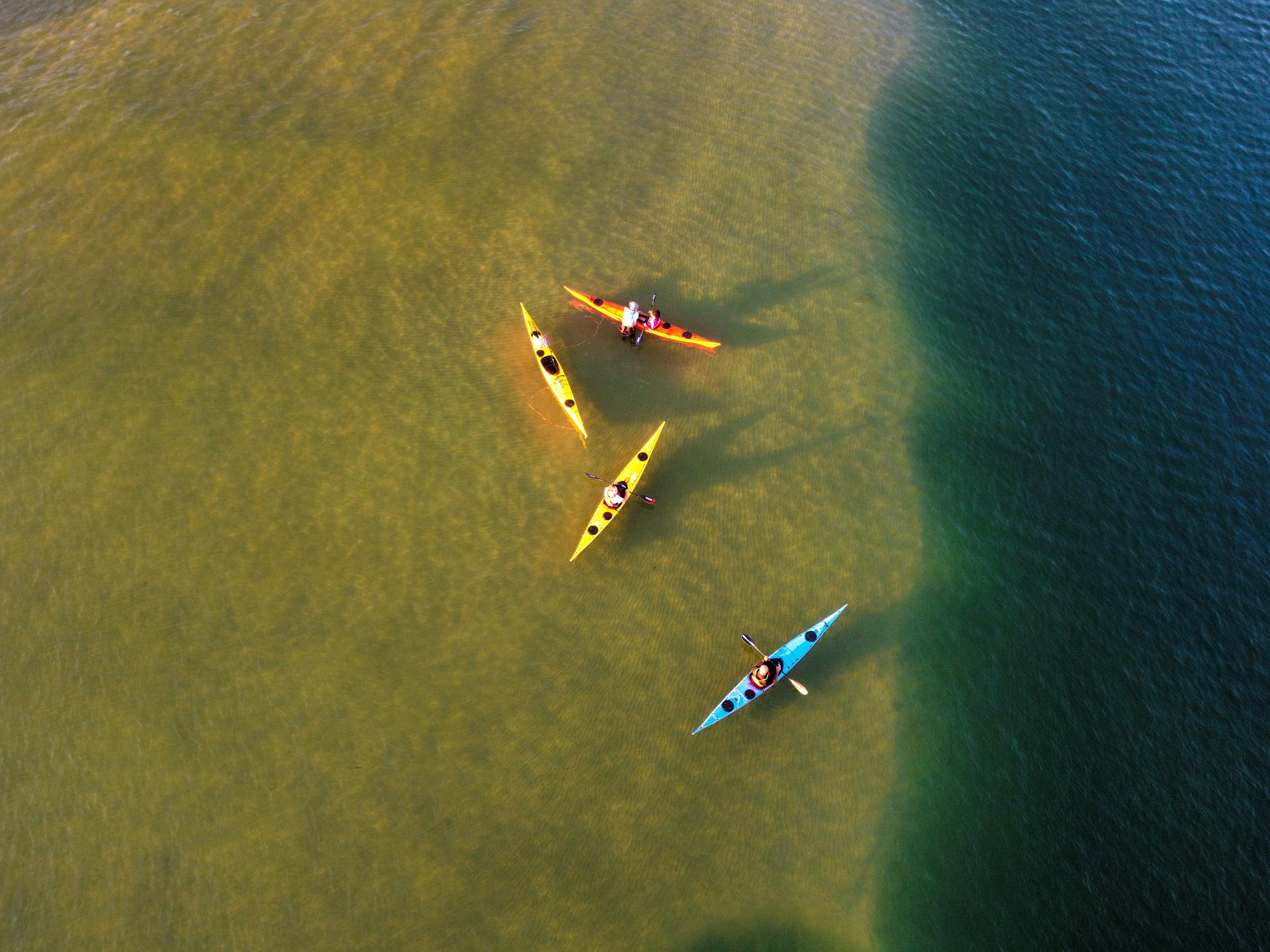 Groupe de voyageurs faisant du kayak de mer sur les eaux cristallines de l'Adriatique