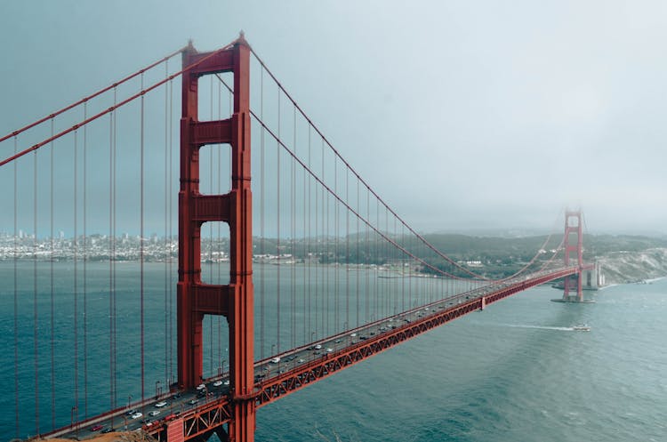 Drone Shot Of The Cars Driving On The Golden Gate Bridge