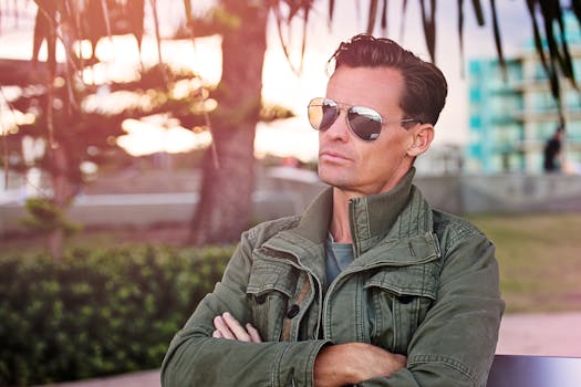 一位时尚男士戴着太阳镜，在户外捕捉凉爽的城市氛围