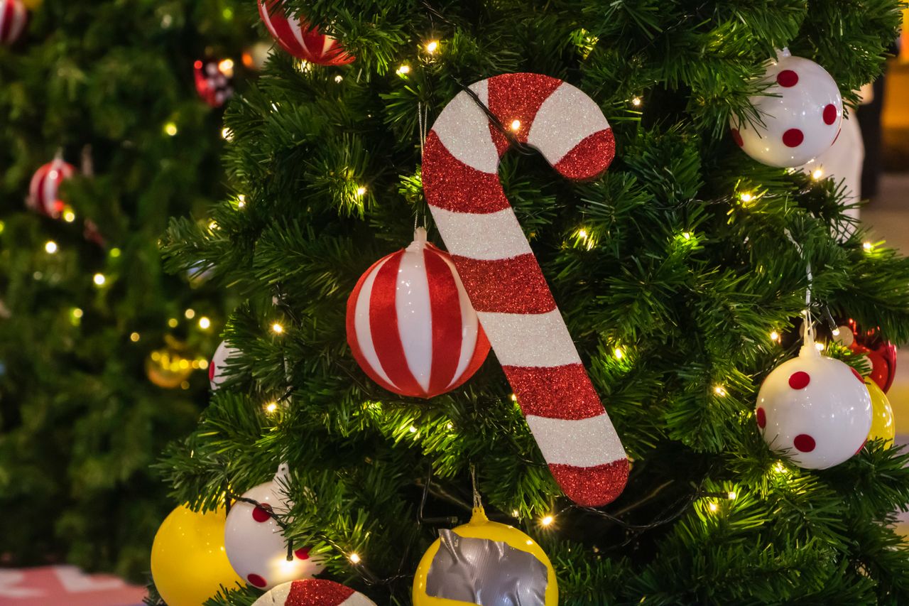 decorative christmas tree with candy cane ornaments and festive lights