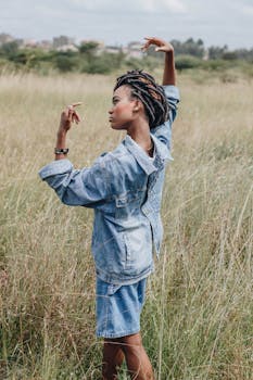 一位穿着牛仔夹克的年轻女子在草地上无忧无虑地跳舞