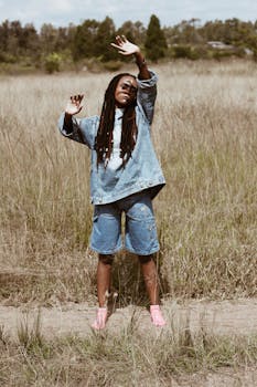 一名穿着牛仔夹克的女子快乐地站在草地上，感受着自由与悠闲