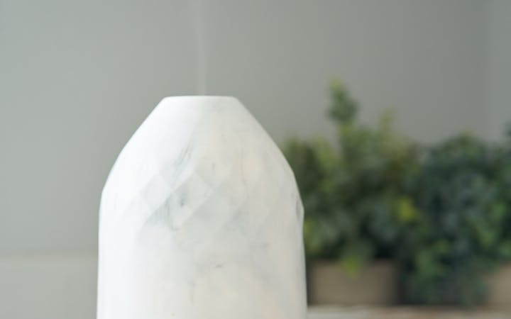 White essential oil diffuser and bottle on counter with houseplants creating a serene atmosphere.