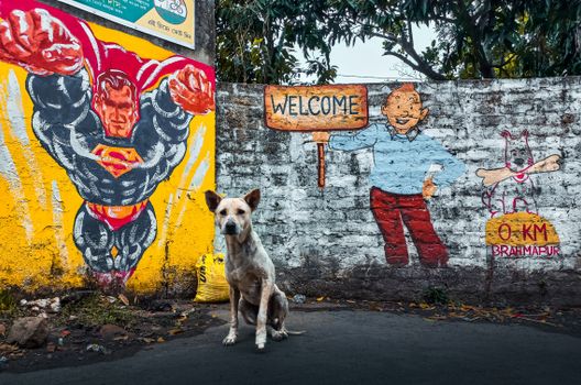 A dog sits by vibrant graffiti on a Kolkata wall featuring Superman and welcome sign.