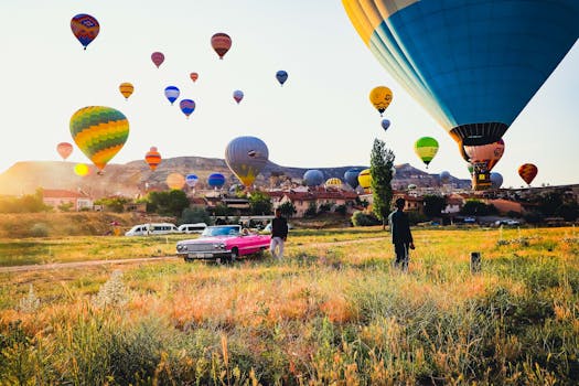 Colorful hot air balloons fill the sky during a vibrant Cappadocia morning in Turkey.