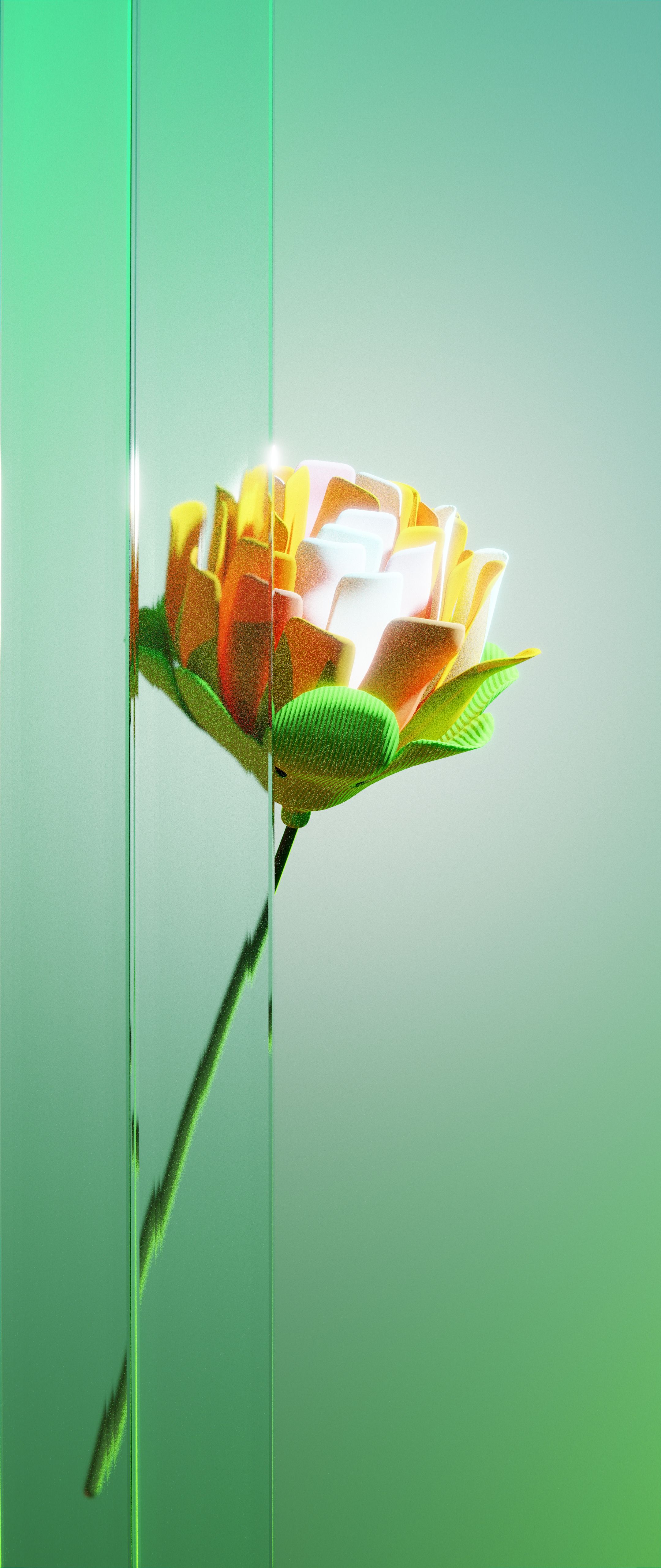 A striking 3D render of a colorful rose with a modern artistic design, set against a gradient green background.