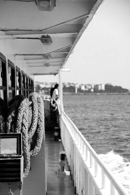 Ropes and Railing on a Boat in Black and White