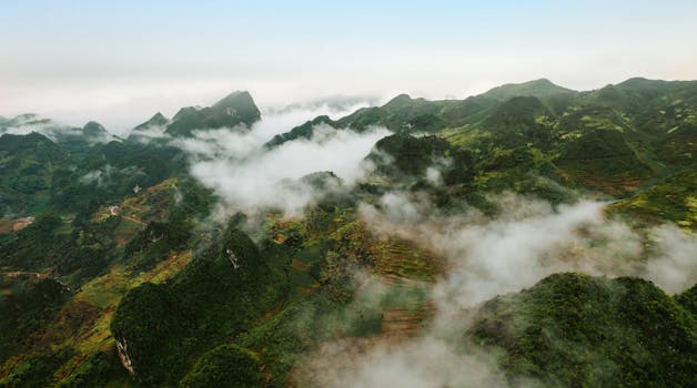 Stunning aerial view of mist-covered mountains in Vietnam, showcasing lush greenery and tranquil beauty.