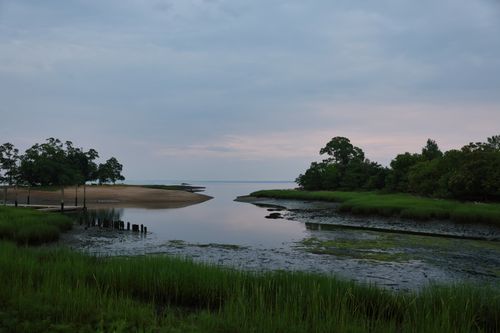 Free Serene lakeshore landscape at dusk, Stamford, CT. Calm waters and lush greenery. Stock Photo