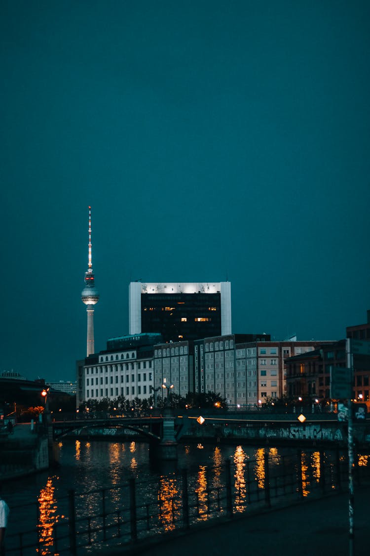 Panoramic View Of Downtown Of Berlin Germany By Night