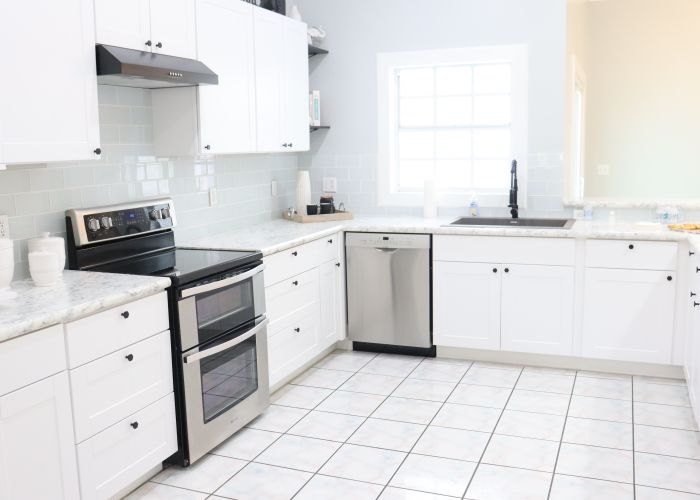 Clean modern kitchen with white cabinets and natural light