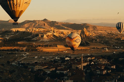 Birds Flying with Hot Air Balloons over a City and Hills