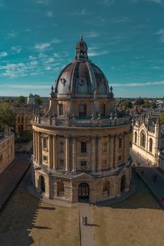 Stunning aerial shot of the Radcliffe Camera at Oxford University on a sunny day.
