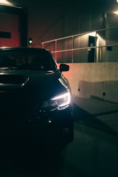 A sleek automobile captured at night with its headlight illuminating the scene, creating a dramatic effect.