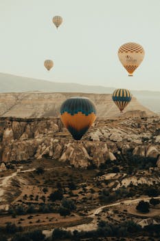 Hot air balloons soaring over the unique rock formations of Cappadocia, creating an awe-inspiring aerial spectacle.