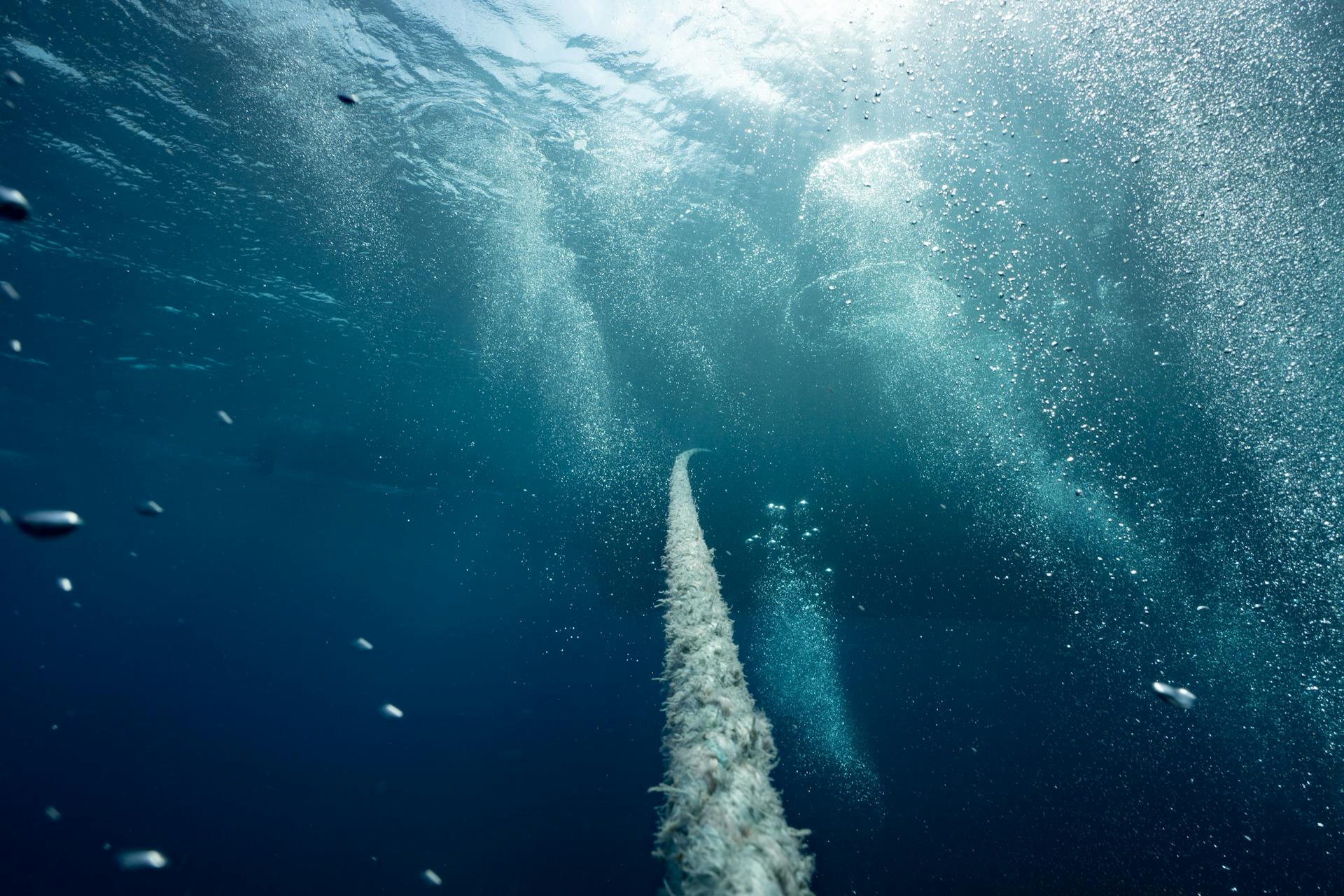 Explore the deep blue underwater world with bubbles, rope, and ambient light.