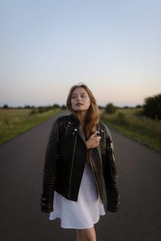 Young woman in a leather jacket posing on a quiet country road at dusk, showcasing a serene landscape.