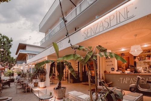 Hotel Building with Outdoor Cafe