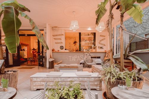 Free Warmly lit indoor tapas bar featuring tropical decor, wooden furniture, and hanging lights. Stock Photo