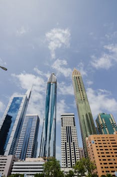 Vertical shot of modern skyscrapers reaching into a clear blue sky, showcasing urban architecture.