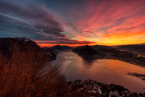 Birds Eye View of a Sunset at Lake Lugano