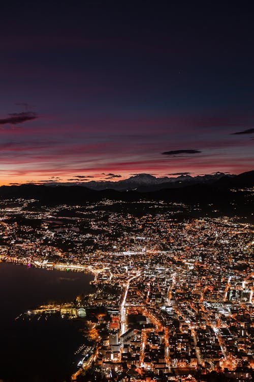 Aerial View of Cityscape at Sunset