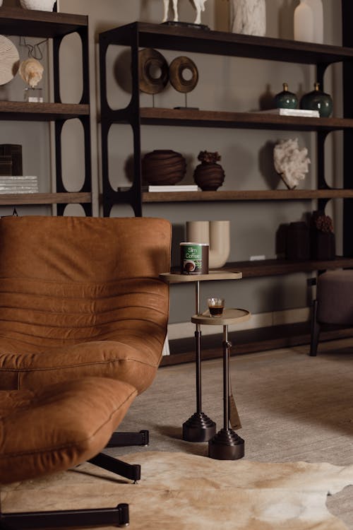 Immagine gratuita di divano marrone, scaffali, tappeto