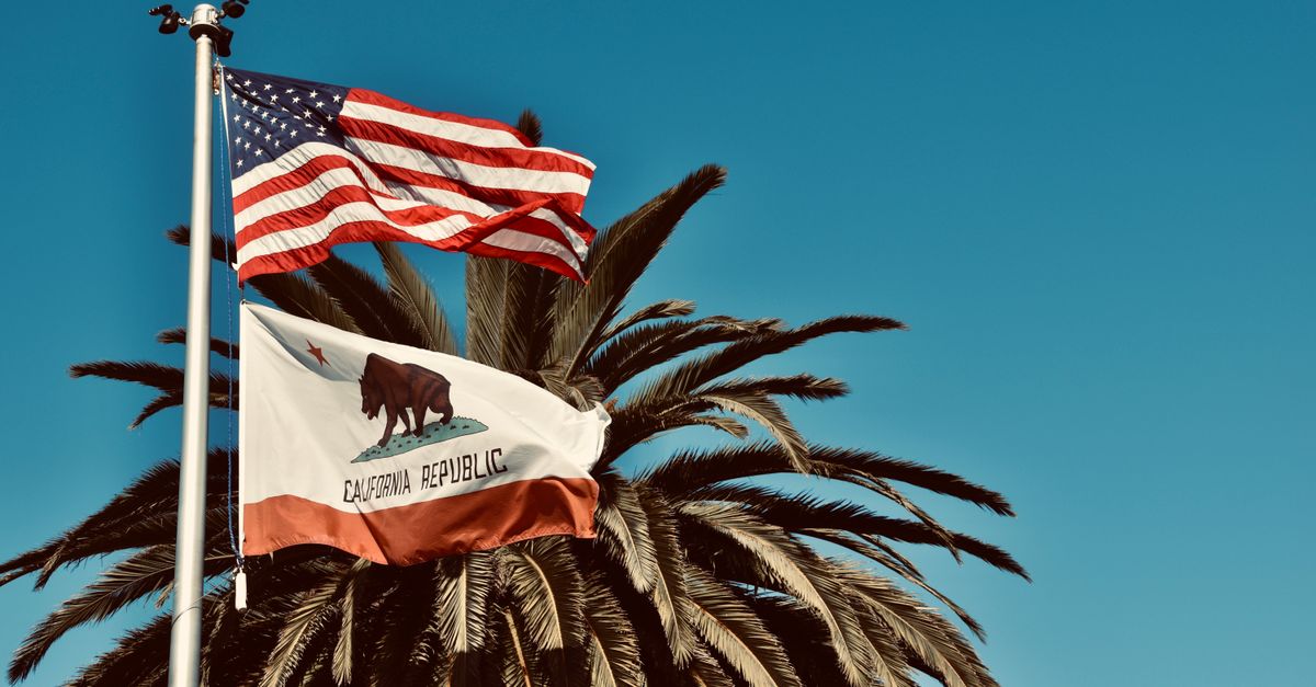 American and California flags waving against a palm tree backdrop in sunny Monterey, CA.