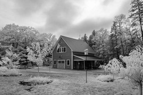 A Grayscale Photo of a House Near the Trees