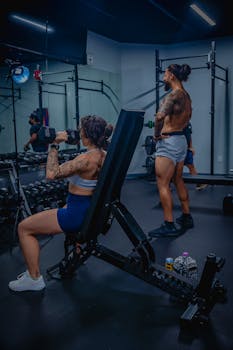 Two adults engaged in strength training using dumbbells in a well-equipped gym.