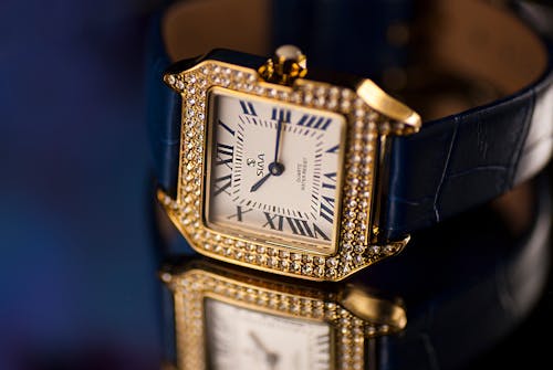 Free Blue Leather Wristwatch with Diamond Studs Stock Photo