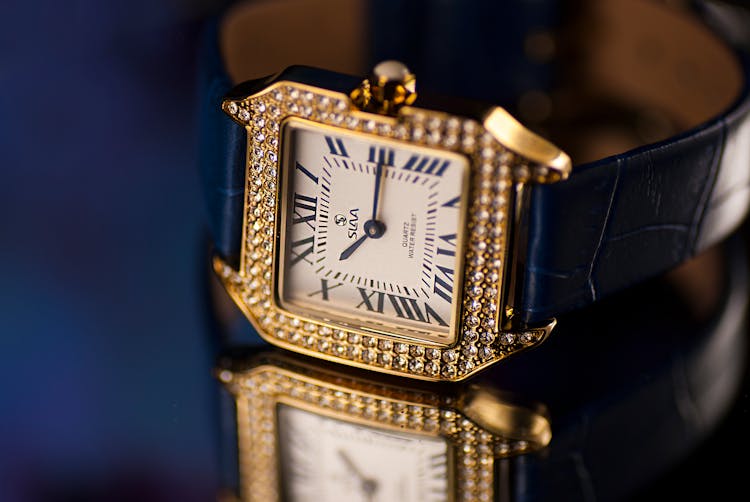 Blue Leather Wristwatch With Diamond Studs